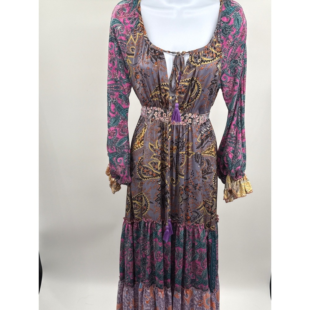 Boho Mixed Paisley Floral Tiered Maxi Dress Purple Pink Tassel Tie Waist Women - Picture 5 of 10